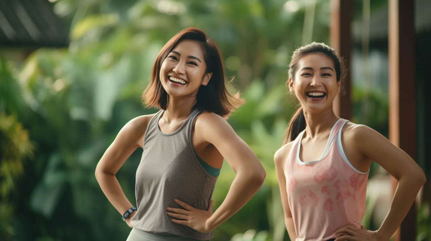 Two beautiful girls smiling with hands akimbo, after a refreshing workout.