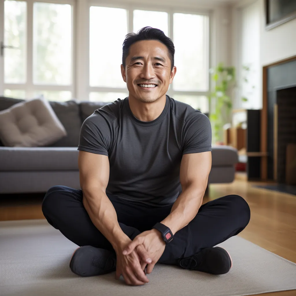 A smiling asian man sitting with legs wrapped in a yoga exercise.