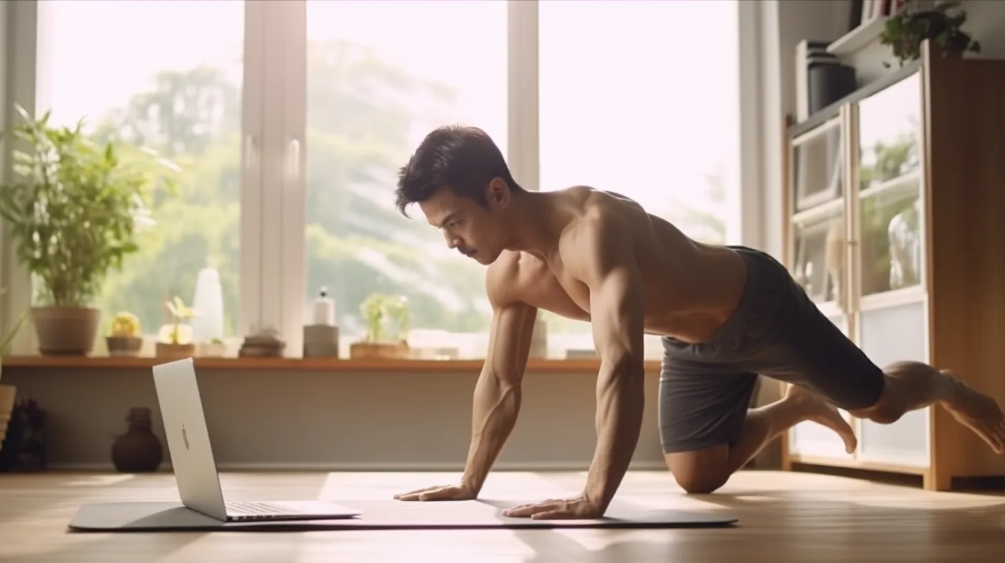 A young man performing a plank exercise as he watches the routine from his laptop.