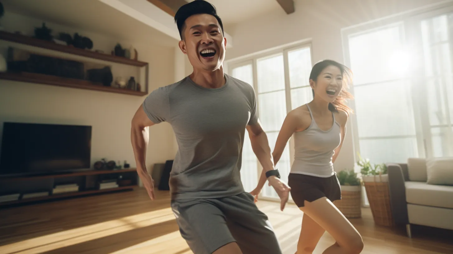 An asian man and an asian girl, both smiling and performing cardio exercises.